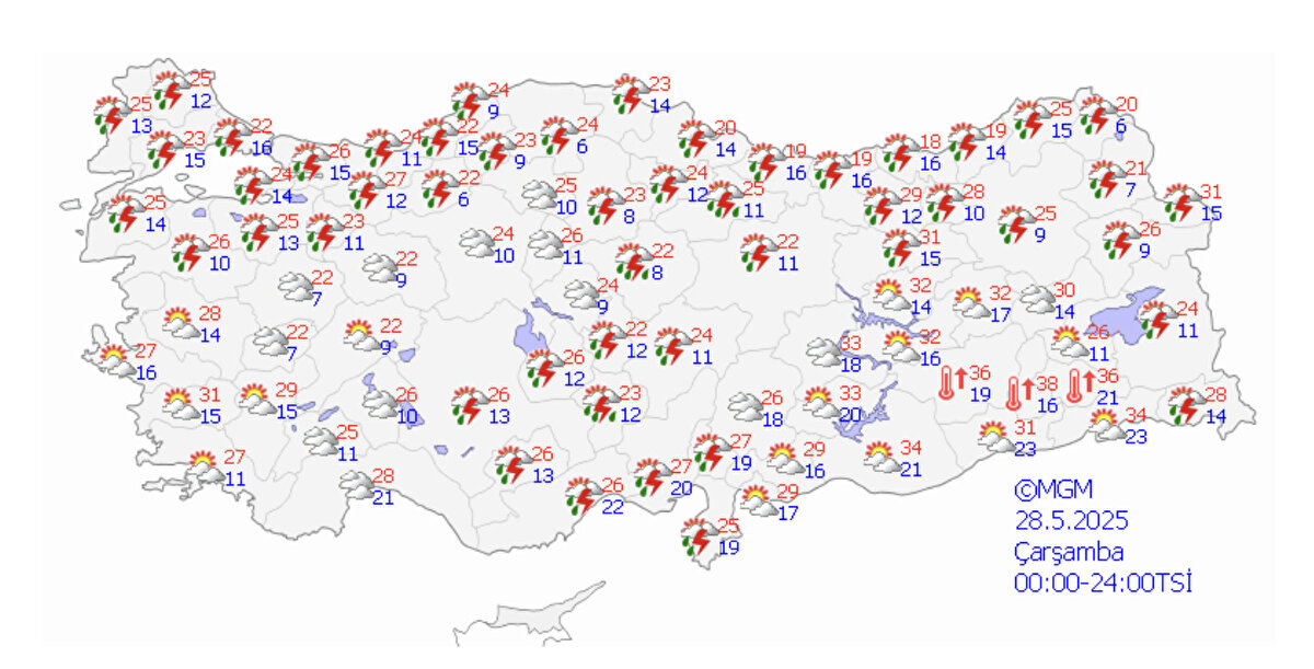 Rüzgarın genellikle güney yönlerden hafif, ara sıra orta kuvvette, Ege, Batı Akdeniz’in iç kesimleri, İç Anadolu ve Batı Karadeniz’in iç kesimlerinde yer yer kuvvetli ve kısa süreli fırtına şeklinde (40-70 kmsaat) esmesi bekleniyor.