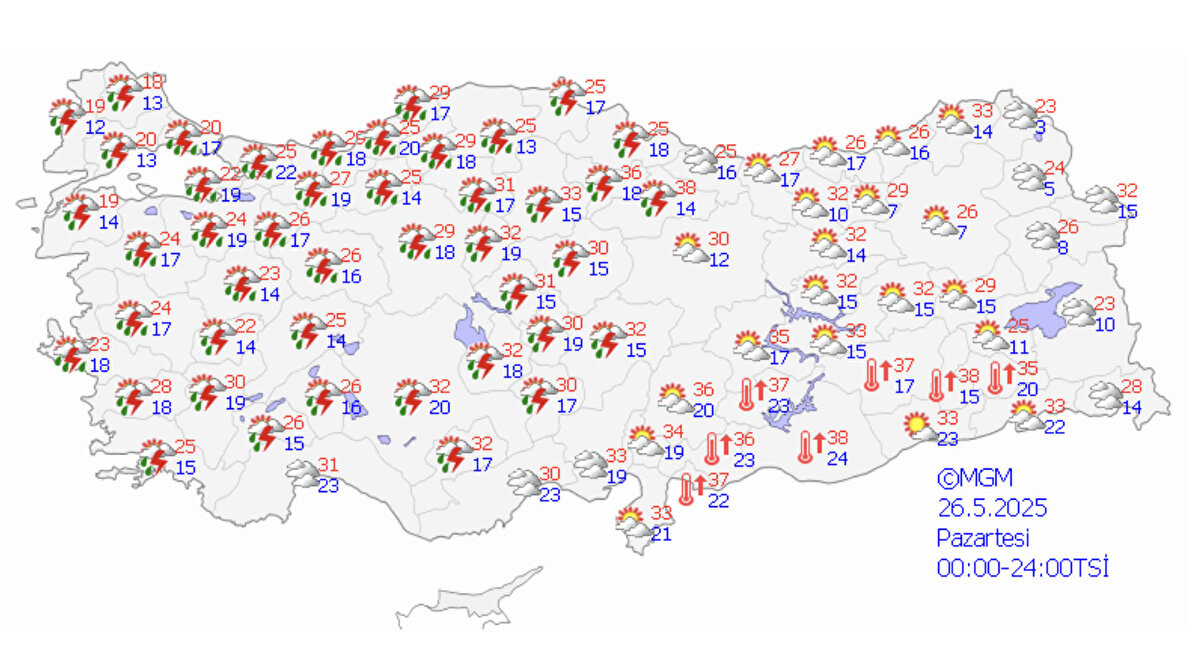 Yurt genelinde hava <br><br>Yurt genelinin parçalı ve çok bulutlu, Marmara, Ege, Batı ve Orta Akdeniz’in iç kesimleri, İç Anadolu (Sivas hariç), Batı Karadeniz, Orta Karadeniz’in iç kesimleri ile Samsun çevrelerinin aralıklı sağanak ve gök gürültülü sağanak yağışlı geçeceği tahmin ediliyor. Yağışların, Marmara’nın doğusu, Batı Karadeniz (Sinop hariç) ile İzmir, Manisa, Kütahya, Eskişehir ve Çankırı çevrelerinde yer yer kuvvetli olması bekleniyor. Marmara’nın doğusu, Ege, Akdeniz, İç Anadolu, Batı ve Orta Karadeniz, Doğu Anadolu’nun batısı ile Güneydoğu Anadolu’da toz taşınımı bekleniyor.