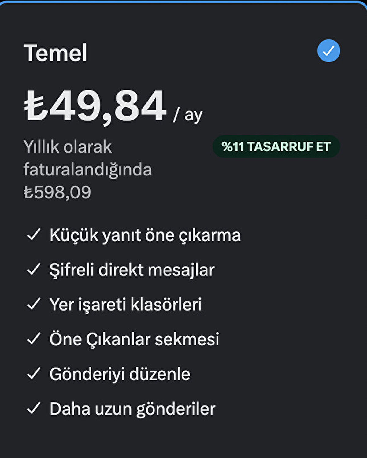 X Temel aboneliği: 49,84 TL