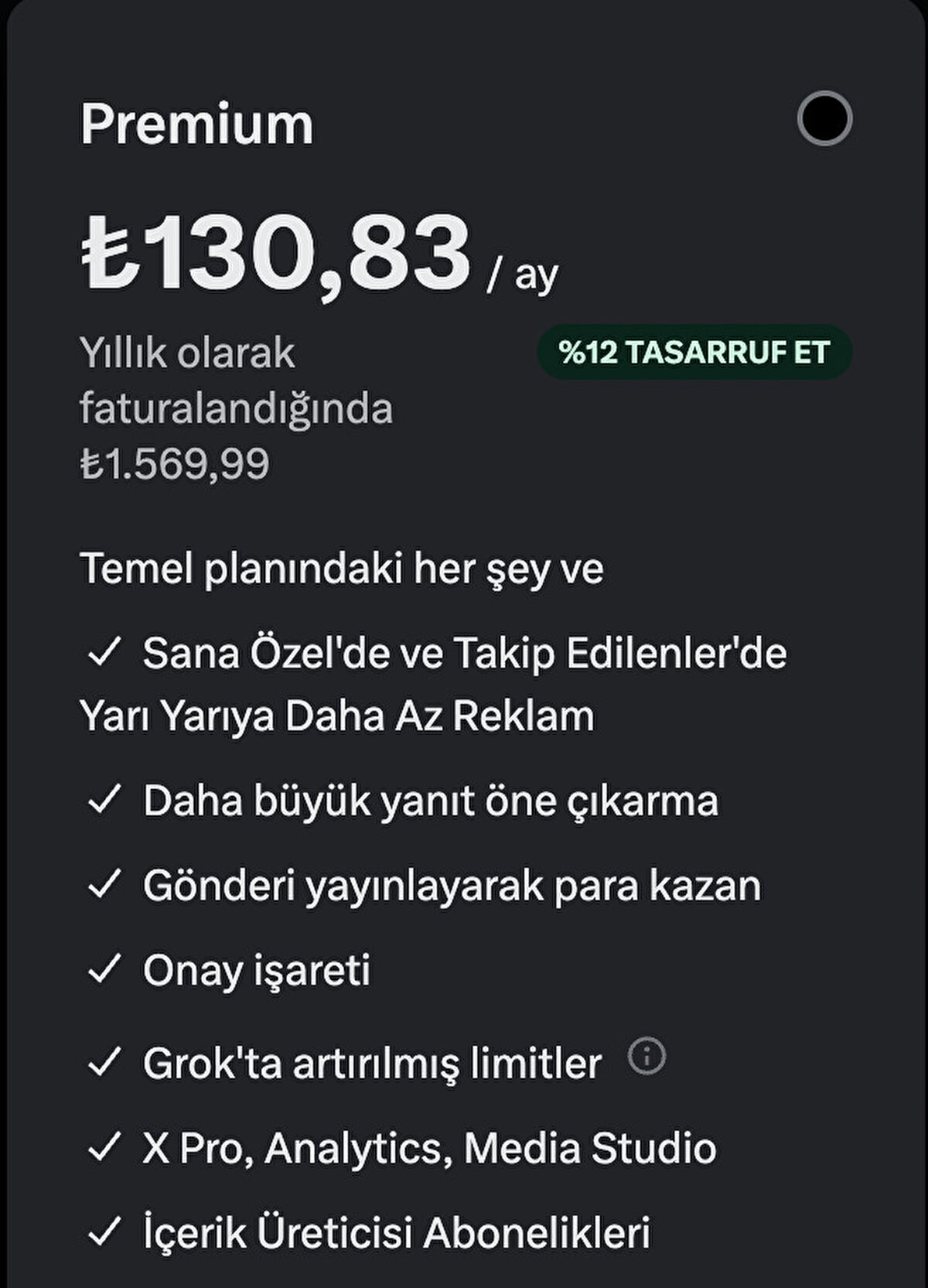 X Premium aboneliği: 130,83 TL