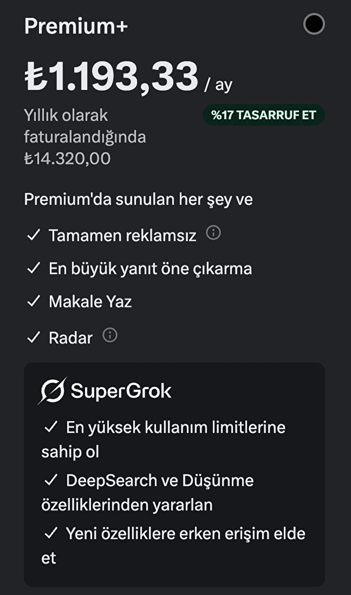 X Premium+ aboneliği: 1.193,33 TL