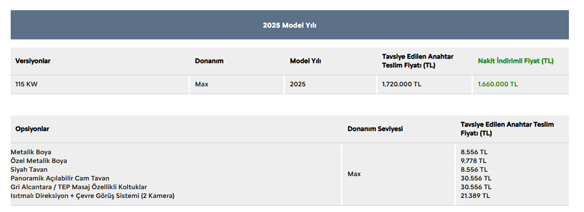 CITROËN %100 ELEKTRİKLİ ë-C4 2025 fiyat listesi