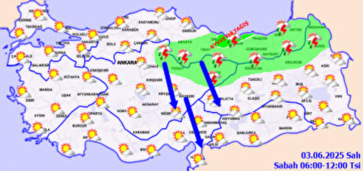 Meteoroloji'nin yayınladığı hava durumu tahminlerine göre yağışların; Samsun’un doğusu, Ordu, Giresun, Trabzon ve Rize çevrelerinde yerel kuvvetli olması bekleniyor. 