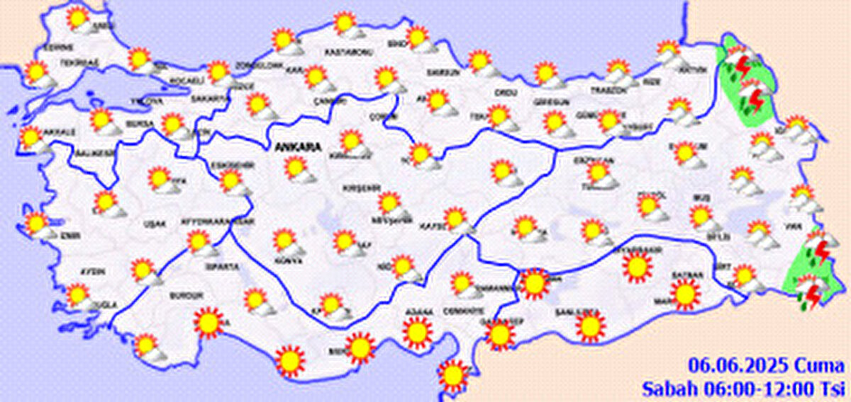 Meteoroloji Genel Müdürlüğü tarafından yapılan tahminlere göre: Ülkemizin doğu kesimlerinin parçalı yer yer çok bulutlu, Doğu Anadolu’nun doğusu ve Artvin’in iç kesimlerinin yerel olmak üzere sağanak ve gök gürültülü sağanak yağışlı, diğer yerlerin az bulutlu ve açık geçeceği tahmin ediliyor.