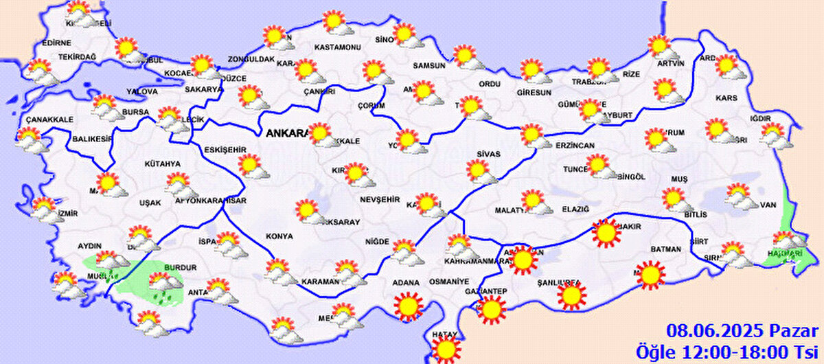 Ankara: Az bulutlu ve açık 33<br>İstanbul: Parçalı ve az bulutlu 27<br>İzmir: Parçalı ve az bulutlu 34