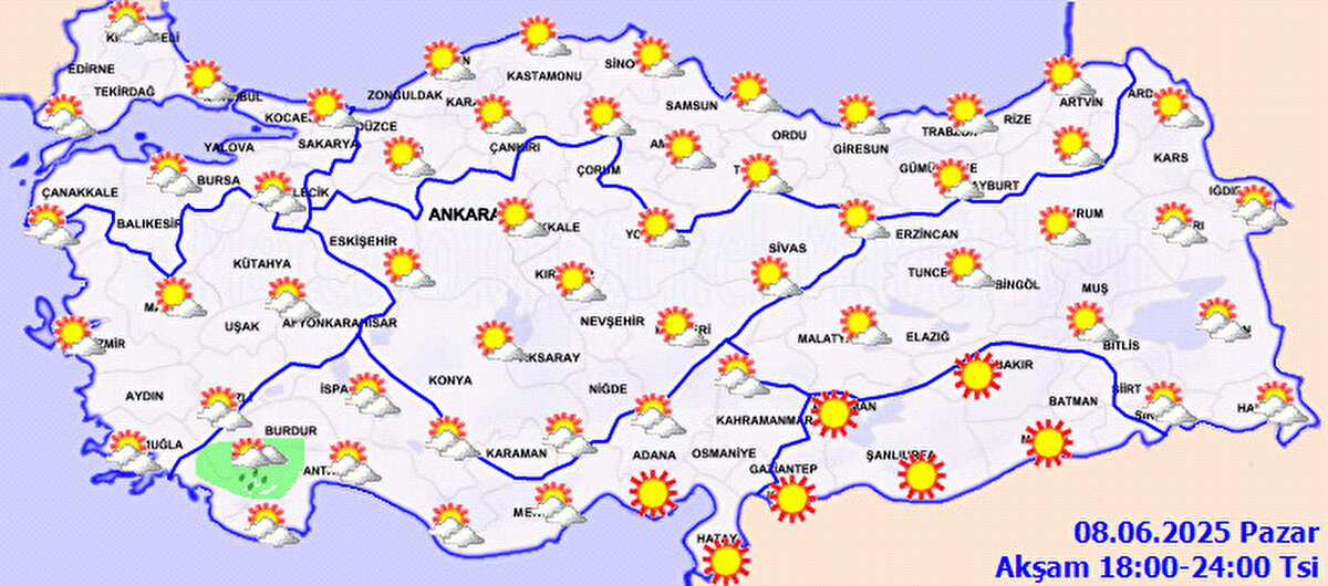 Adana: Az bulutlu ve açık 34<br>Antalya: Parçalı ve az bulutlu 29<br>Samsun: Az bulutlu ve açık 24