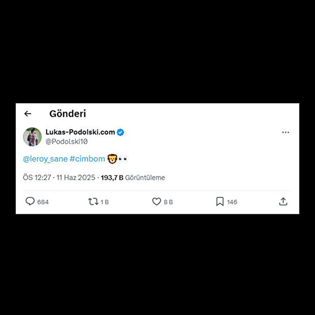 Podolski gönderisine Leroy Sane'yi etiketleyerek "Cimbom" yazdı.<br>