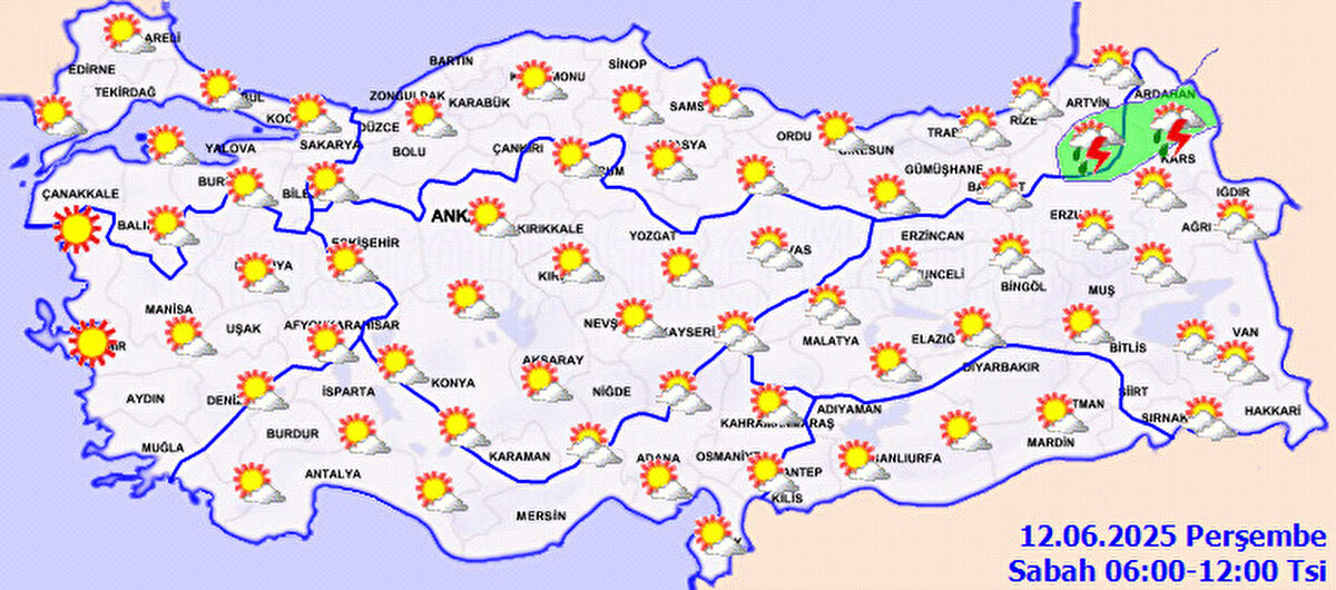 Meteoroloji Genel Müdürlüğü'nün son tahminlerine göre, yurdun kuzey ve doğu kesimlerinde parçalı, yer yer çok bulutlu hava etkili olacak. Özellikle Batı Karadeniz’in iç kesimleri, Doğu Akdeniz’in Toroslar mevkii, Doğu Karadeniz’in iç kesimleri, Doğu Anadolu’nun kuzey ve doğusu ile Afyonkarahisar ve Denizli çevrelerinde, ayrıca Antalya’nın iç kesimleri, Ankara’nın kuzey ve batısı ile Eskişehir’in doğusunda yerel sağanak ve gök gürültülü sağanak yağışlar bekleniyor.