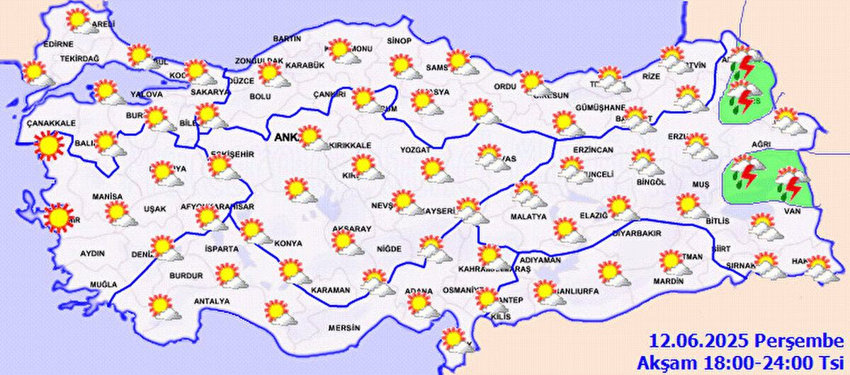 Rüzgâr, genellikle kuzeyli, doğu kesimlerde ise güneyli yönlerden hafif ve zaman zaman orta kuvvette esecek. Ancak Marmara’nın güneybatısı ile Ege kıyılarında kuzeyli, Güneydoğu Anadolu’nun kuzeyi ve Doğu Anadolu’nun batısında güneybatılı yönlerden yer yer kuvvetli rüzgârlar (40-60 km/sa) görülebilir.