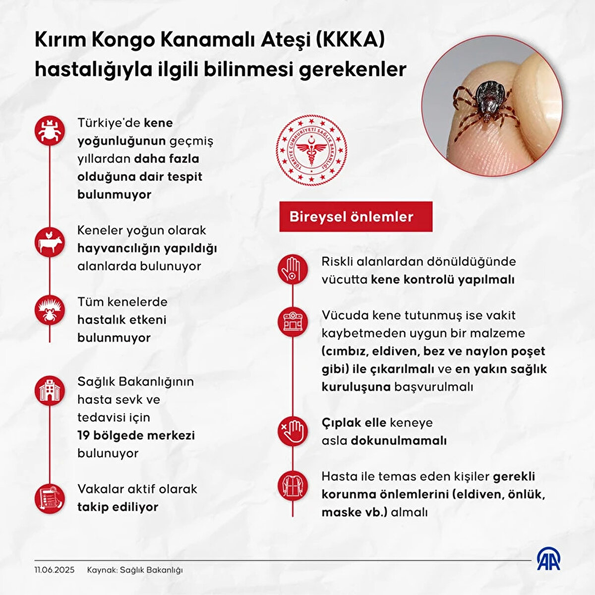 Sağlık Bakanlığı'ndan kene uyarısı<br><br>Sağlık Bakanlığı, KKKA ile ilgili yaptığı açıklamada şu ifadelere yer verdi:<br><br>"Türkiye'de kene yoğunluğunun önceki senelerden daha fazla olduğuna dair bir tespitimiz bulunmamaktadır. Bilinmelidir ki tüm kenelerde hastalık etkeni yok, yani her kene tutunan kişi hastalığa yakalanmaz. Kenelerden bulaştığı bilinen KKKA hastalığı ile mücadelemiz ise kararlılıkla sürmektedir."