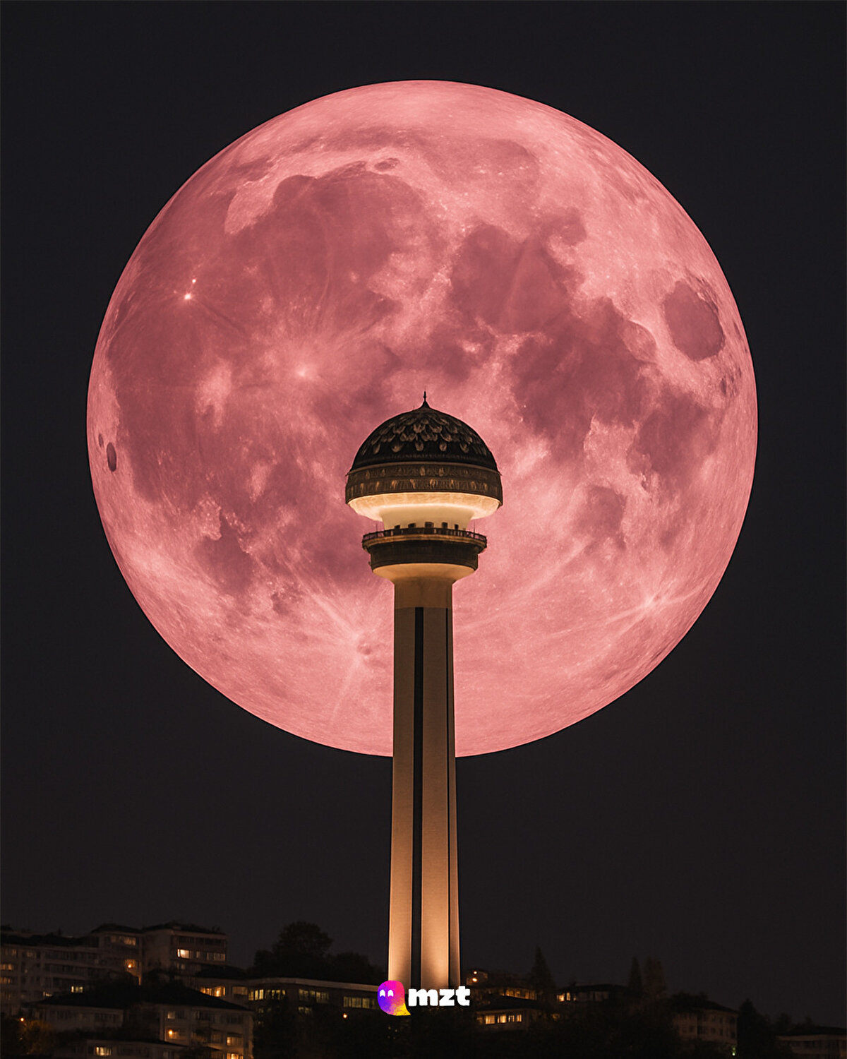 Ayın pembe renkte gözüktüğü Çilek Dolunayı