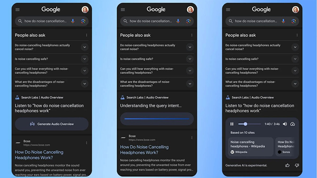 Sesli Özetler, Google Arama’nın ön sayfa sonuçlarını tarayarak iki sesin etkileşimli şekilde sunduğu bir özet haline getiriyor. Kullanıcılar ses seviyesini ve oynatma hızını 0.25x ile 2x arasında ayarlayabiliyor. Ayrıca, bilgi alınan web siteleri de özetin içinde yer alıyor, böylece kullanıcılar aramalarını derinleştirme imkânı buluyor.<br><br>