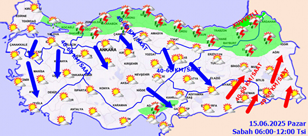Meteoroloji Genel Müdürlüğü (MGM), 15 Haziran 2025 Cumartesi günü için güncel hava durumu tahmin raporunu yayımladı. Yapılan açıklamaya göre yurdun kuzey ve doğu kesimlerinde parçalı ve çok bulutlu bir hava bekleniyor. Rize, Artvin, Ardahan ve Kars çevrelerinde yerel olarak kuvvetli sağanak ve gök gürültülü sağanak yağışlar görülebilir. Aynı zamanda Marmara’nın güneyi ile Ege, Doğu Akdeniz ve İç Anadolu’nun kuzeyi başta olmak üzere birçok bölgede kuvvetli rüzgar etkili olacak. Vatandaşların dikkatli olması konusunda uyarı yapıldı.