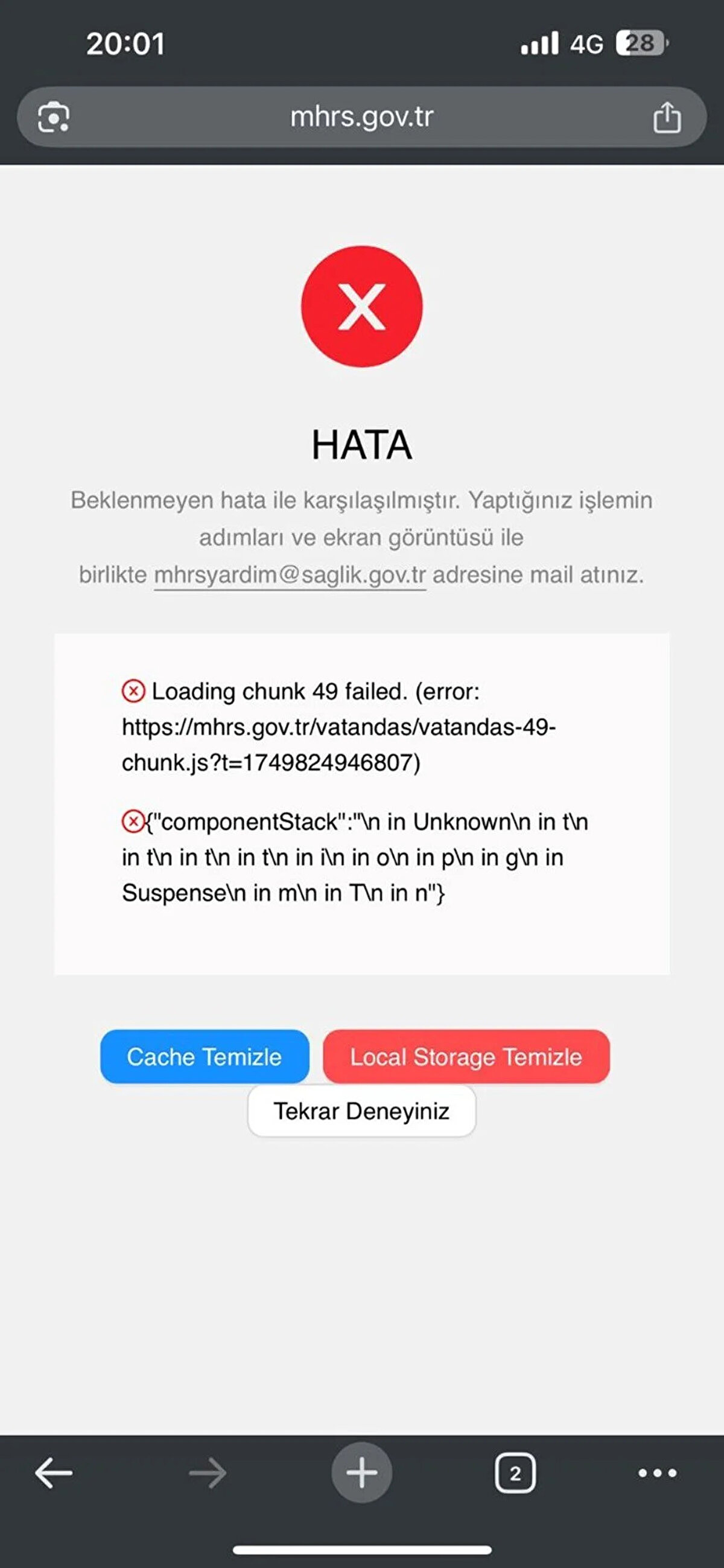 'Chunk 49 failed' hatası nedir?<br><br>'Chunk 49 failed' hasatı MHRS uygulamasına girmeye çalışan kullanıcıların karşılaştığı teknik bir hata mesajıdır. Bu tür hatalar genellikle sunucudan veri alınırken yaşanan bir kesinti sonucu oluşur. <br><br>Bu hata, genellikle:<br><br>Sunucu yoğunluğu<br><br>Güncelleme sırasında sistemsel uyumsuzluk<br><br>İnternet bağlantısının yavaşlığı<br><br>Tarayıcı veya uygulama önbelleği sorunları<br>nedeniyle oluşur.