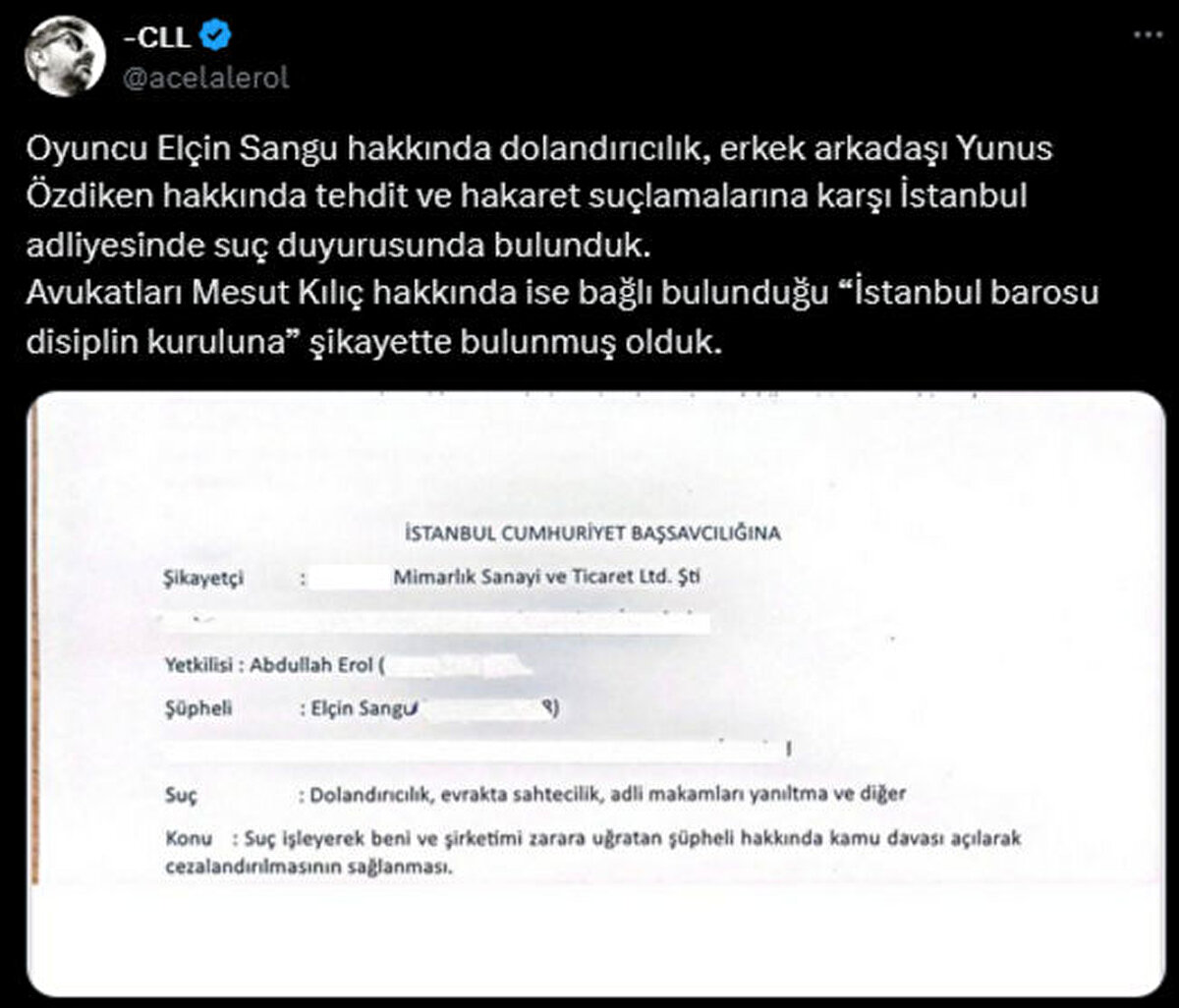 Bu süreçte Elçin Sangu'nun sevgilisi Yunus Özdiken ile de polemik yaşayan Abdullah Celal Erol, Özdiken hakkında da 'tehdit ve hakaret' gerekçesiyle suç duyurusunda bulundu.