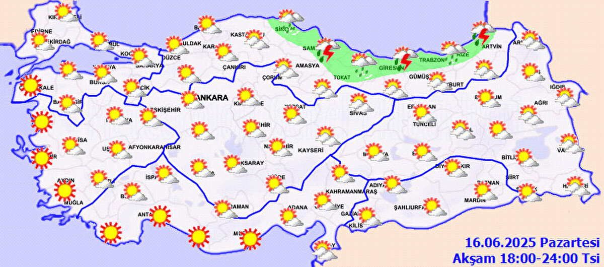 Kuvvetli rüzgar uyarısı<br><br>Meteoroloji şiddetli rüzgar uyarısında bulundu. Rüzgarın, Kuzey Ege kıyılarında kuzey ve kuzeydoğu, Hakkari çevrelerinde güney ve güneybatı yönlerden kuvvetli (40-60 km/saat) olarak esmesi bekleniyor.<br><br>Bölgelerde hava durumu tahmini 16 Haziran 2025