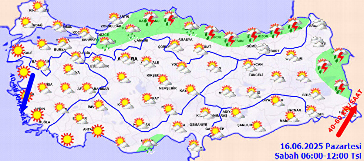 Meteoroloji Genel Müdürlüğü tarafından yapılan tahminlere göre: Ülkemizin kuzey ve doğu kesimlerinin parçalı, yer yer çok bulutlu, Orta Karadeniz, Doğu Karadeniz kıyıları ile Mersin, Bolu, Kastamonu, Karabük, Sinop, Artvin, Ağrı, Iğdır ve Van çevrelerinin yerel olmak üzere sağanak ve gök gürültülü sağanak yağışlı, diğer yerlerin az bulutlu ve açık geçeceği tahmin ediliyor.