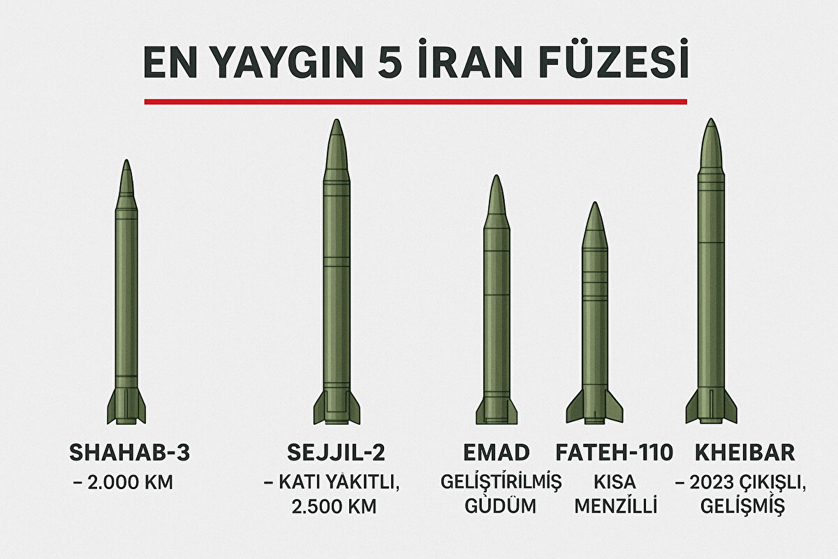 En Yaygın 5 İran Füzesi<br>Shahab-3 – 2.000 km menzil<br><br>Sejjil-2 – Katı yakıtlı, 2.500 km<br><br>Emad – Geliştirilmiş güdüm<br><br>Fateh-110 – Kısa menzilli, hassas<br><br>Kheibar – 2023 çıkışlı, gelişmiş yeni nesil