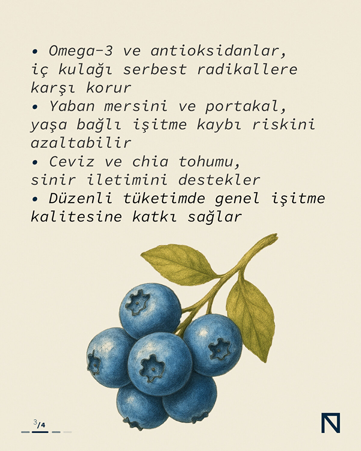 • Omega-3 ve antioksidanlar, iç kulağı serbest radikallere karşı korur
 • Yaban mersini ve portakal, yaşa bağlı işitme kaybı riskini azaltabilir
 • Ceviz ve chia tohumu, sinir iletimini destekler
 • Düzenli tüketimde genel işitme kalitesine katkı sağlar