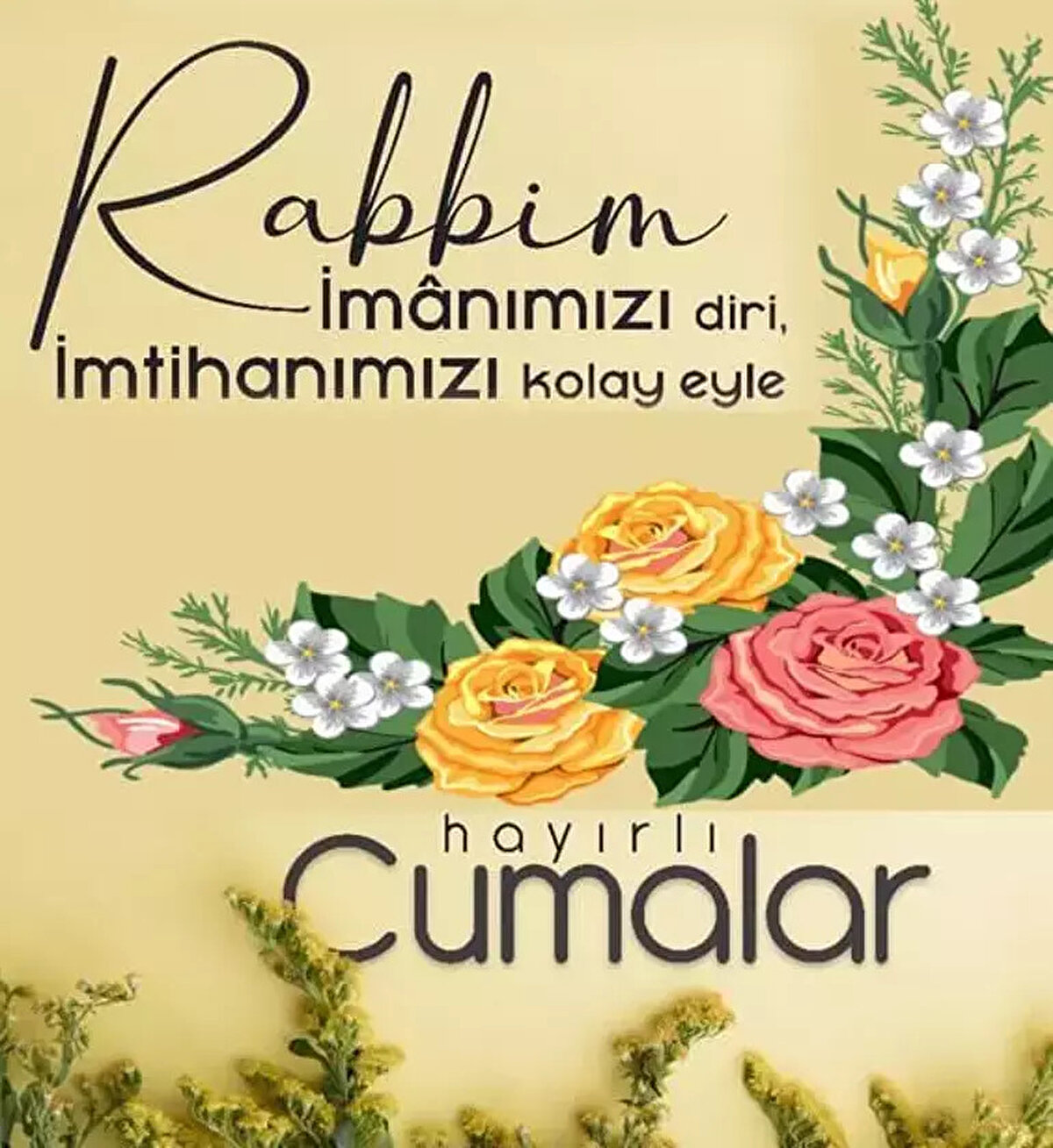 Dualı Cuma mesajları yeni<br><br>Gökten rahmetini, yerden bereketini, gönlümüzden merhametini eksik etme Allah’ım (cc). Cuma gününüz mübarek olsun.<br><br>Sağanak sağanak rahmet yağsın yuvanıza, her gün Resulullah (sav) girsin rüyanıza, melekler amin desin dualarınıza! Hayırlı cumalar.<br><br>Ömrümüzün hikayesini yazan en büyük ve en güzel yazıcı olan Rabbim, gönlünüzden geçen güzellikleri alnımıza kader diye yazsın. Amin, hayırlı cumalar dilerim.<br><br>Ey Rabbim! Şu sonsuz merhamet ve rahmet deryasından bir damla da olsa, nasiplenmeyi hak eden kullarından eyle bizi. Amin. Hayırlı nurlu cumalar dilerim.<br><br>Kaldır başını semaya, aç ellerini Mevla’ya. Sen istemesini bilirsen, Mevla cevap verir duaya. Cuma günümüz mübarek olsun.<br><br>Güneşin pembeliğiyle doğan, saflığıyla süzülen, herkese nasip olmayan mutluluk denen o en güzel duygu sizle olsun. Hayırlı cumalar dilerim.<br><br>Gül bahçesine girenler gül olmasalar da gül kokarlar. Kainatın en güzel gülünün kokusunun üzerinizde olması temennisiyle. Cumanız mübarek olsun.