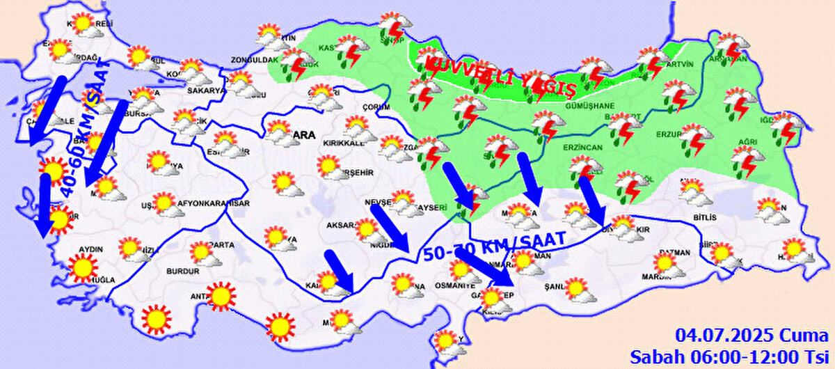 Meteoroloji Genel Müdürlüğü tarafından yayımlanan son tahmin raporuna göre, 4 Temmuz 2025 Cuma günü özellikle Karadeniz bölgesi ile Doğu Anadolu'da etkili olması beklenen sağanak ve gök gürültülü sağanak yağışlara karşı vatandaşların dikkatli olması istendi.