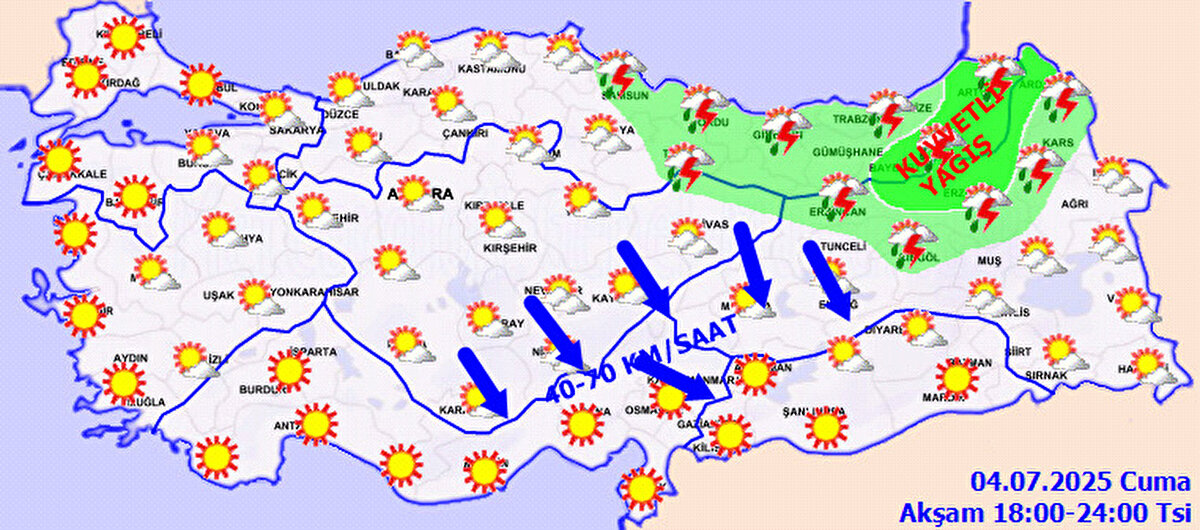Kuvvetli ve şiddetli yağış uyarısı<br><br>Yağışların; Orta ve Doğu Karadeniz kıyıları ile Amasya, Tokat, Bayburt, Artvin, Ardahan ve Erzurum çevrelerinde kuvvetli, Samsun, Ordu ve Giresun çevrelerinde ise çok kuvvetli ve yer yer şiddetli olacağı tahmin ediliyor. Meteoroloji, sel, su baskını, yıldırım, heyelan, ani rüzgar artışı ve ulaşımda aksamalar gibi risklere karşı vatandaşları uyardı.