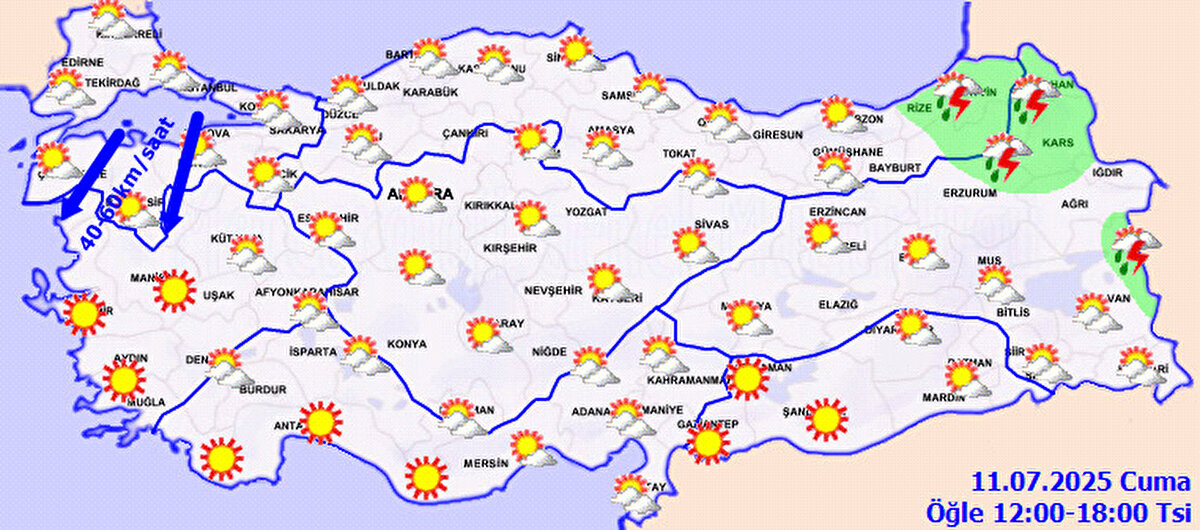 Bugün hava nasıl olacak?<br><br>Meteoroloji Genel Müdürlüğü tarafından yapılan tahminlere göre: Ülkemizin kuzey kesimlerinin parçalı, yer yer çok bulutlu, Samsun, Rize, Artvin, Kars ve Ardahan ile Van’ın doğu kesimlerinin yerel olmak üzere sağanak ve gök gürültülü sağanak yağışlı, diğer yerlerin az bulutlu ve açık geçeceği tahmin ediliyor.<br><br>Hava sıcaklığının, kuzeybatı kesimlerde mevsim normalleri civarında, diğer yerlerde mevsim normalleri üzerinde seyretmeye devam etmesi bekleniyor.<br><br>Genellikle kuzey yönlerden hafif, ara sıra orta kuvvette, öğle saatlerinden sonra Marmara'da yer yer kuvvetli olarak (40-60kmsaat) eseceği tahmin ediliyor.