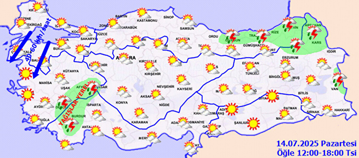 14 Temmuz 2025 bölgelerimizde hava durumu<br><br>Marmara Bölgesi<br>Marmara genelinde parçalı ve az bulutlu bir hava bekleniyor. Rüzgarın kuzey ve kuzeydoğu yönlerden kuvvetli (40-60 km/saat) esmesi tahmin ediliyor.<br><br>Balıkesir: 34°C, parçalı ve az bulutlu<br><br>Edirne: 38°C, parçalı ve az bulutlu<br><br>İstanbul: 32°C, parçalı ve az bulutlu<br><br>Kırklareli: 34°C, parçalı ve az bulutlu<br><br>Ege Bölgesi<br>Genel olarak az bulutlu ve açık hava hakim. Öğle saatlerinden sonra Afyonkarahisar ve Denizli çevrelerinde yerel gök gürültülü sağanak yağış bekleniyor. Bölgenin kuzeyinde rüzgar kuzeyli yönlerden kuvvetli esecek.<br><br>Afyonkarahisar: 36°C, öğleden sonra yerel gök gürültülü sağanak<br><br>Denizli: 41°C, öğleden sonra yerel gök gürültülü sağanak<br><br>İzmir: 36°C, az bulutlu ve açık<br><br>Manisa: 38°C, az bulutlu ve açık<br><br>Akdeniz Bölgesi<br>Akdeniz’de hava genellikle az bulutlu ve açık, iç kesimlerde ise parçalı bulutlu olacak. Öğleden sonra Burdur çevresinde yerel sağanak yağış bekleniyor.<br><br>Adana: 35°C, az bulutlu ve açık<br><br>Antalya: 31°C, az bulutlu ve açık<br><br>Hatay: 31°C, az bulutlu, zamanla parçalı bulutlu<br><br>Isparta: 38°C, parçalı ve az bulutlu<br><br>İç Anadolu Bölgesi<br>Bölge genelinde hava parçalı ve az bulutlu olacak.<br><br>Ankara: 37°C, parçalı az bulutlu<br><br>Çankırı: 38°C, parçalı az bulutlu<br><br>Eskişehir: 34°C, parçalı az bulutlu<br><br>Konya: 37°C, parçalı az bulutlu<br><br>Batı Karadeniz Bölgesi<br>Parçalı ve az bulutlu bir hava bekleniyor.<br><br>Bolu: 31°C, parçalı ve az bulutlu<br><br>Düzce: 32°C, parçalı ve az bulutlu<br><br>Sinop: 31°C, parçalı ve az bulutlu<br><br>Zonguldak: 27°C, parçalı ve az bulutlu<br><br>Orta ve Doğu Karadeniz Bölgesi<br>Parçalı ve çok bulutlu, kıyı kesimleri ile Artvin çevresinde sağanak ve gök gürültülü sağanak yağışlar bekleniyor.<br><br>Amasya: 35°C, parçalı ve çok bulutlu<br><br>Artvin: 28°C, öğleden sonra sağanak ve gök gürültülü sağanak<br><br>Samsun: 30°C, parçalı bulutlu, akşam saatlerinde sağanak<br><br>Trabzon: 28°C, gün boyu sağanak ve gök gürültülü sağanak<br><br>Doğu Anadolu Bölgesi<br>Parçalı ve az bulutlu hava hakim. Öğleden sonra Ardahan, Kars ve Van’ın doğu kesimlerinde sağanak geçişleri bekleniyor.<br><br>Erzurum: 32°C, parçalı ve az bulutlu<br><br>Kars: 30°C, öğleden sonra sağanak yağışlı<br><br>Malatya: 40°C, parçalı ve az bulutlu<br><br>Van: 30°C, doğusunda öğleden sonra sağanak yağışlı<br><br>Güneydoğu Anadolu Bölgesi<br>Genel olarak az bulutlu ve açık, zamanla doğu kesimleri parçalı bulutlu olacak. Bölge genelinde yüksek sıcaklıklar dikkat çekiyor.<br><br>Diyarbakır: 44°C, az bulutlu ve açık<br><br>Gaziantep: 42°C, az bulutlu ve açık<br><br>Mardin: 40°C, az bulutlu ve açık<br><br>Siirt: 40°C, az bulutlu, zamanla parçalı bulutlu