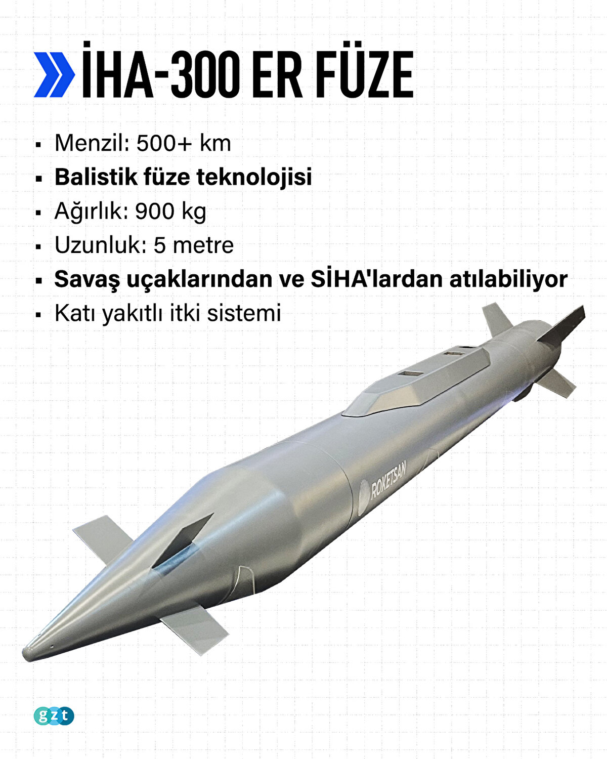 İHA-300 ER FÜZE<br><br>Menzil: 500+ km <br>Balistik füze teknolojisi<br>Ağırlık: 900 kg <br>Uzunluk: 5 metre <br>Savaş uçaklarından ve SİHA'lardan atılabiliyor<br>Katı yakıtlı itki sistemi
