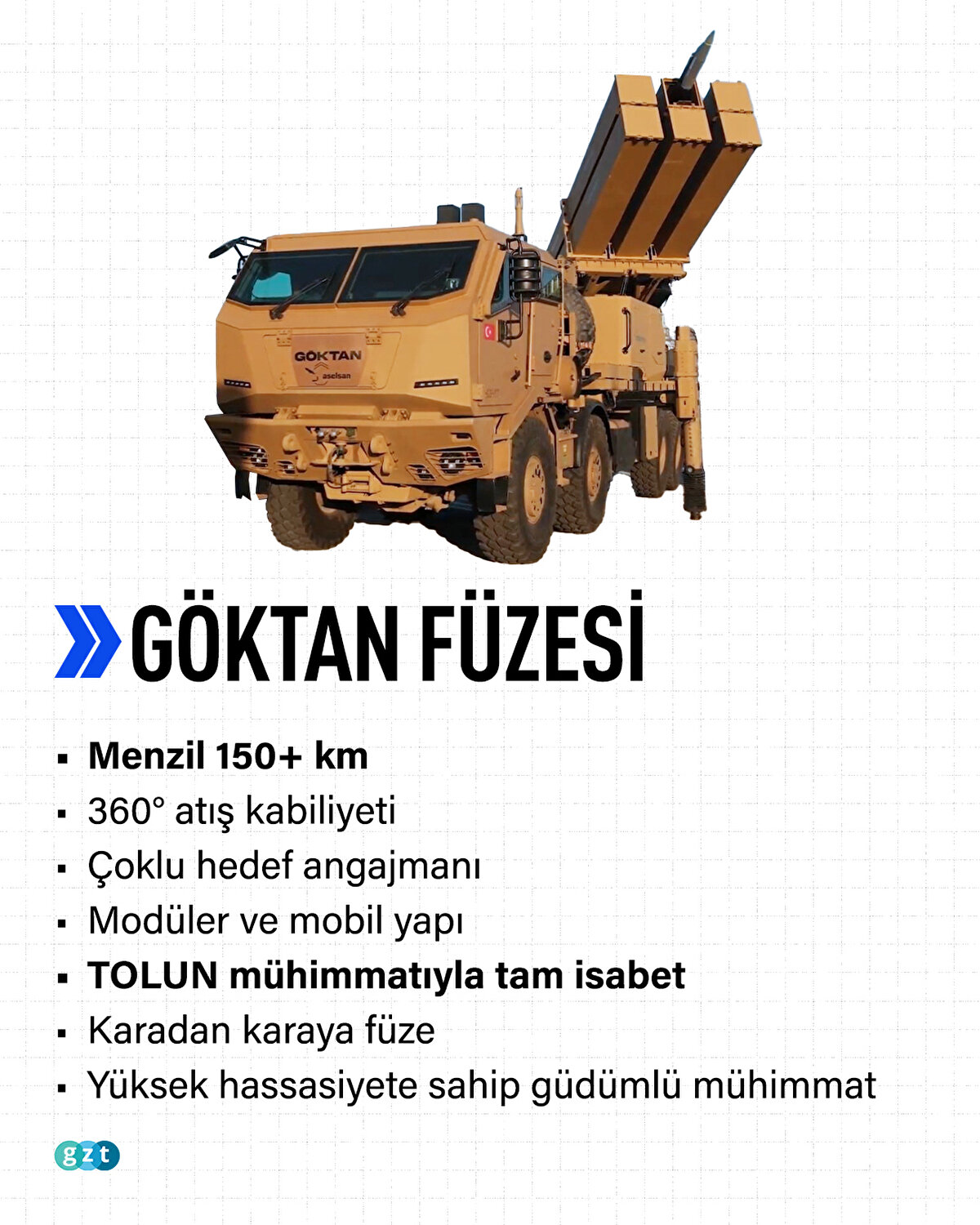 GÖKTAN füzesi<br><br>Menzil 150+ km <br> 360° atış kabiliyeti<br> Çoklu hedef angajmanı<br> Modüler ve mobil yapı<br> TOLUN mühimmatıyla tam isabet