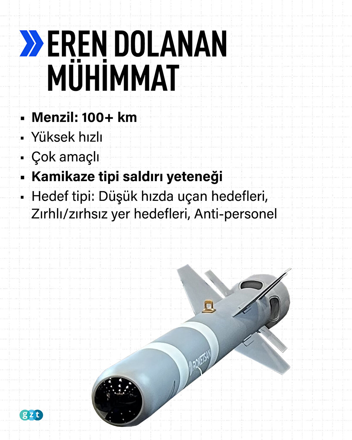EREN Dolanan Mühimmat<br><br>Menzil: 100+ km <br>Yüksek hızlı<br>Çok amaçlı<br>Kamikaze tipi saldırı yeteneği<br>Hedef tipi: Düşük hızda uçan hedefleri, Zırhlı/zırhsız yer hedefleri, Anti-personel 