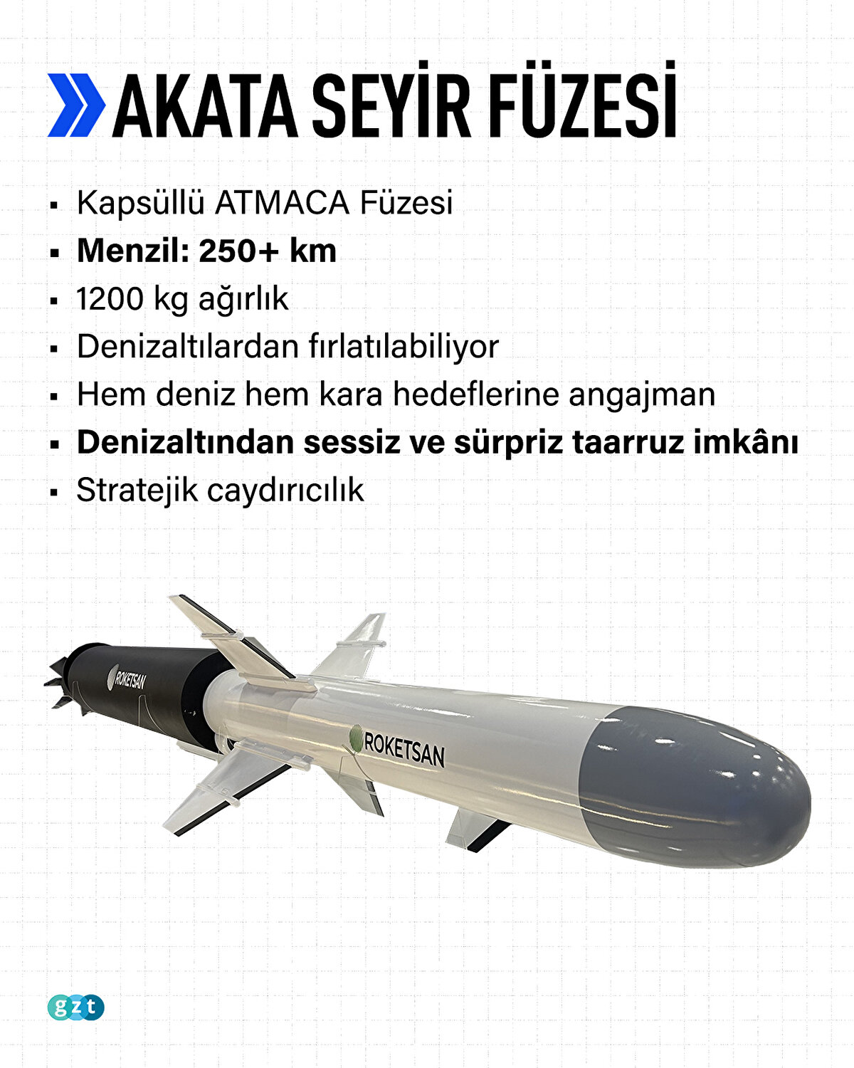 AKATA Seyir Füzesi<br><br>Kapsüllü ATMACA Füzesi<br>Menzil: 250+ km<br>1200 kg ağırlık<br>Denizaltılardan fırlatılabiliyor<br>Hem deniz hem kara hedeflerine angajman<br>Denizaltından sessiz ve sürpriz taarruz imkânı<br>Stratejik caydırıcılık