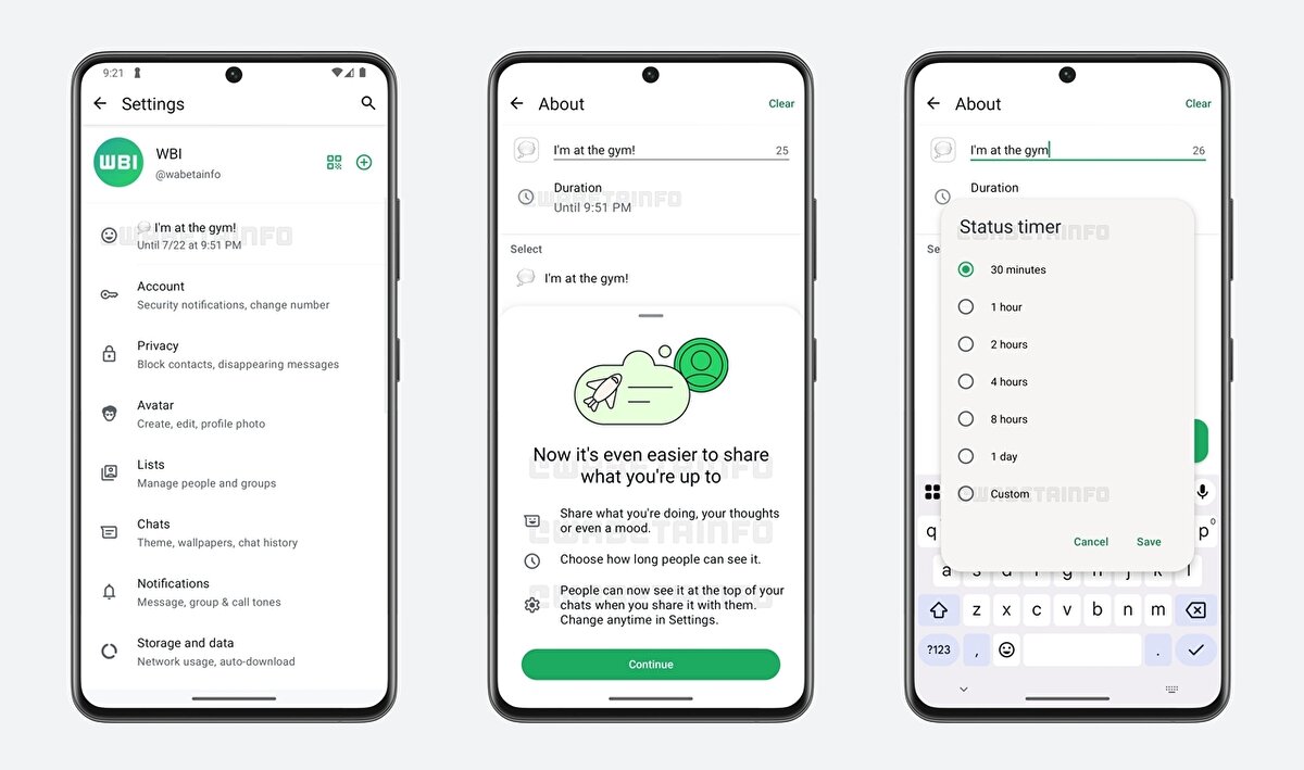 Kullanıcıya özel zaman seçenekleri sunulacak<br><br>Yeni özellikle birlikte WhatsApp, hem hazır süre seçeneklerini hem de kişiselleştirilebilir zaman dilimlerini sunacak. Böylece kullanıcılar sadece birkaç saatliğine ya da gün boyu geçerli olacak şekilde özel notlar paylaşabilecek. Bu bilgi, yalnızca profil sayfasında değil, sohbet pencerelerinde de adınızın altında gösterilecek. Böylece mesaj atmak isteyen kişiler sizin müsait olup olmadığınızı önceden görebilecek.