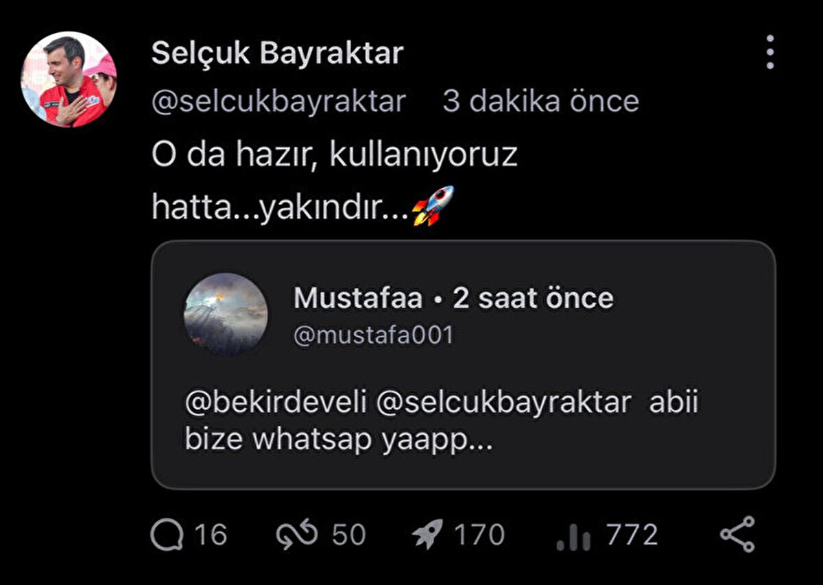Bir vatandaşın Next Sosyal hesabından yaptığı 'WhatsApp alternatifi uygulama' isteğine yanıt veren Bayraktar, "O hazır, kullanıyoruz hatta... Yakındır..." ifadelerini kullandı.<br>