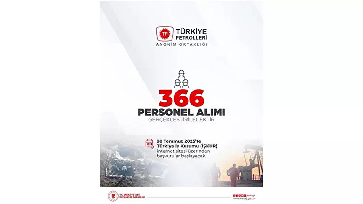 TPAO 2025 Personel Alımı Ne Zaman Yapılacak?<br><br>Türkiye Petrolleri Anonim Ortaklığı (TPAO), 2025 yılı içerisinde istihdam edilecek yeni personeller için başvuru tarihlerini açıkladı. TPAO’nun 366 kişilik kadro için başvuru süreci 28 Temmuz 2025 tarihinde Türkiye İş Kurumu (İŞKUR) üzerinden başlatılacak. Başvurular, 1 Ağustos 2025 saat 23:59'a kadar online olarak kabul edilecek.