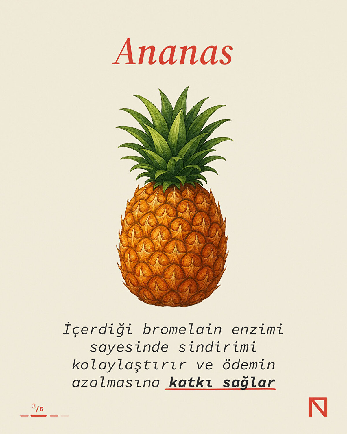 Ananas, bromelain enzimi sayesinde sindirimi kolaylaştırır, ödemin azalmasına katkı sağlar.