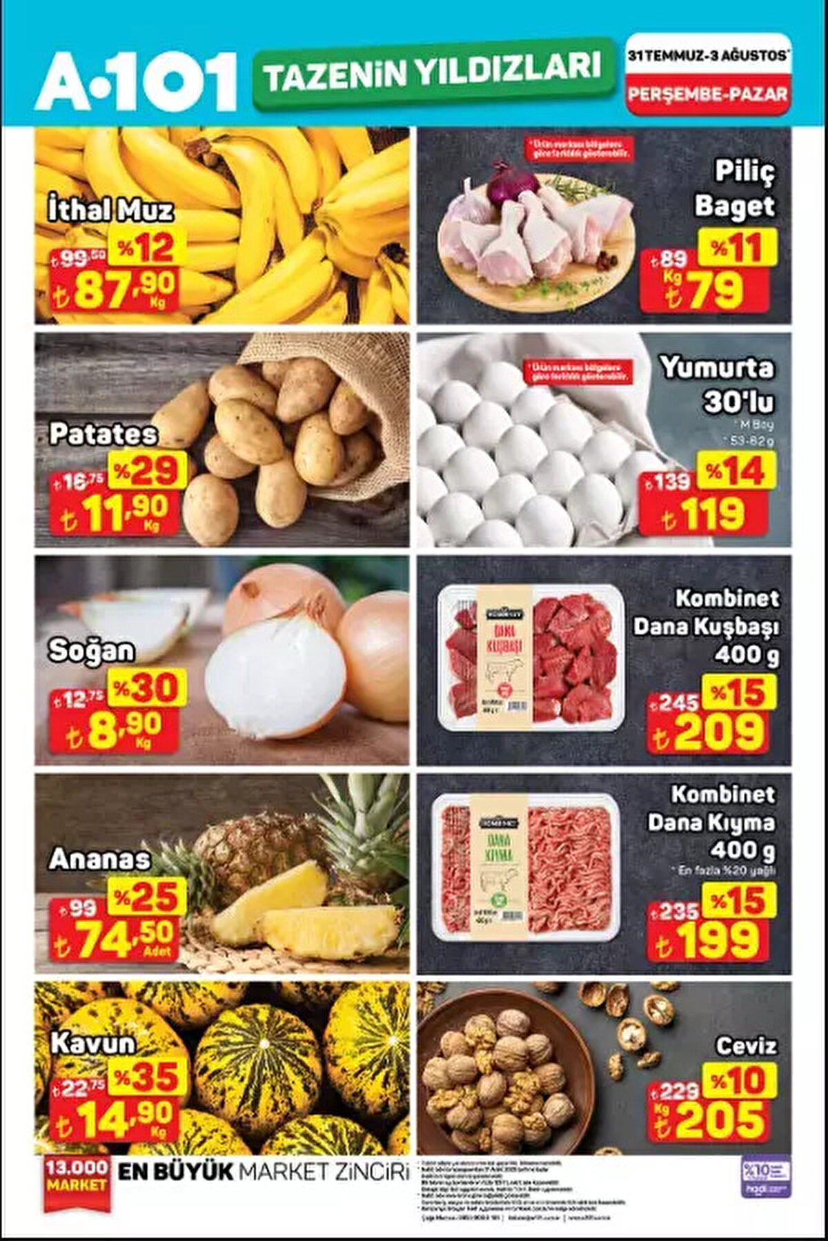 Et ve Tavuk Ürünleri<br><br>Piliç baget 79 TL, dana kuşbaşı 400 gram ise 209 TL fiyatla satışta. Yumurta (30’lu paket) ise 119 TL’den alıcı buluyor.