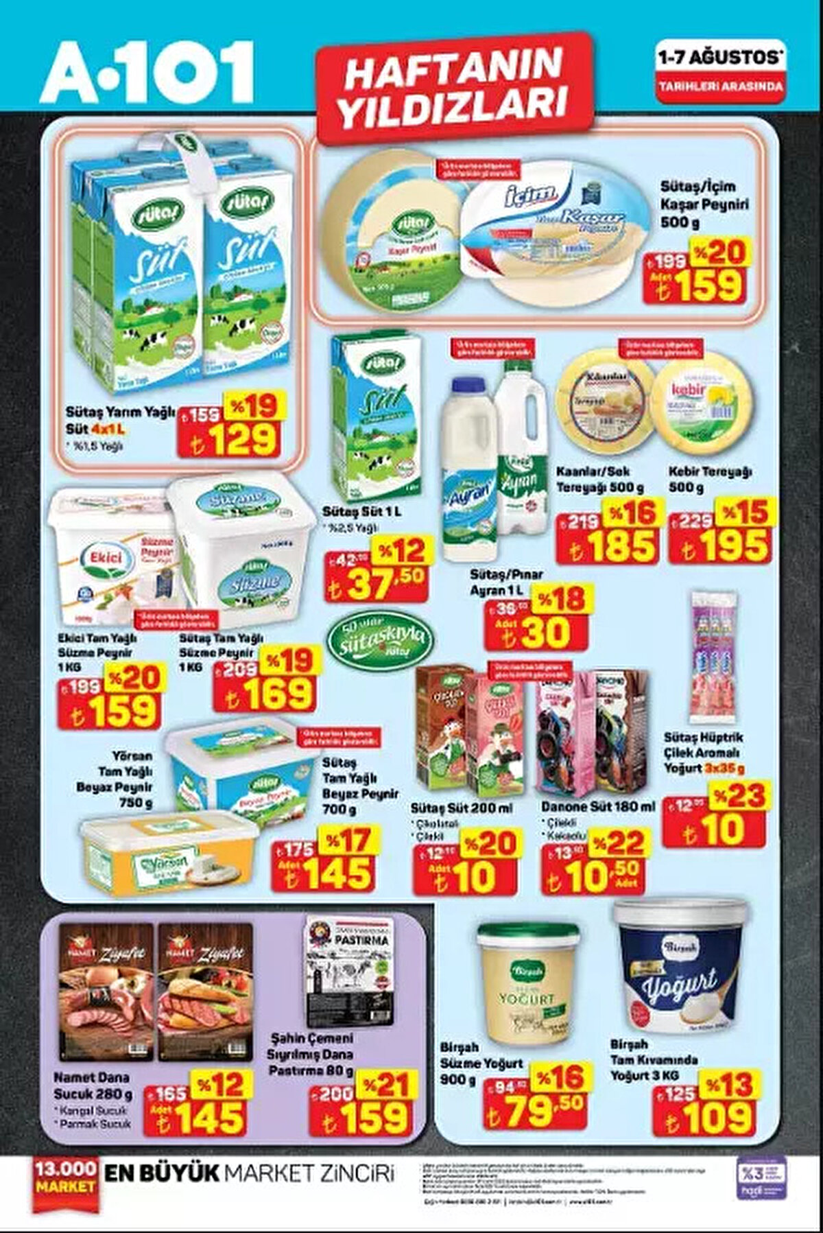 A101 Haftanın Yıldızları Kataloğunda Öne Çıkan Ürünler<br><br>Bu hafta süt ve süt ürünlerinde Sütaş, Ekici ve Yörsan gibi sevilen markaların ürünleri dikkat çekiyor. Sütaş yarım yağlı süt 4’lü paketi 129 TL’den, Sütaş 1 litrelik süt ise sadece 37,50 TL’den satışta. Peynir çeşitlerinde ise Sütaş içi kaşar peyniri (500 g) 159 TL, Ekici tam yağlı süzme peynir (1 kg) 159 TL ve Yörsan tam yağlı beyaz peynir (750 g) 145 TL fiyatlarıyla raflarda yerini alıyor.