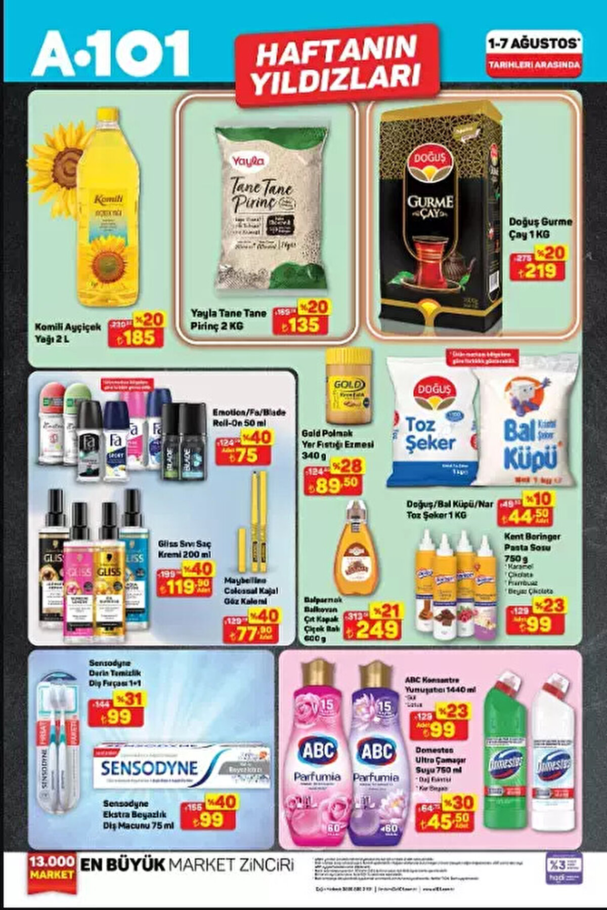 Salamura siyah zeytin, sucuk, yoğurt ve tereyağı gibi temel gıda ürünleri de indirimli fiyatlarla A101’de. Komili ayçiçek yağı 2 litre 185 TL, Doğuş Gurme çay 1 kg 219 TL olarak tüketiciyi bekliyor. Ayrıca pirinç, toz şeker, ayran gibi mutfak ihtiyaçlarınız da kampanyalar kapsamında.