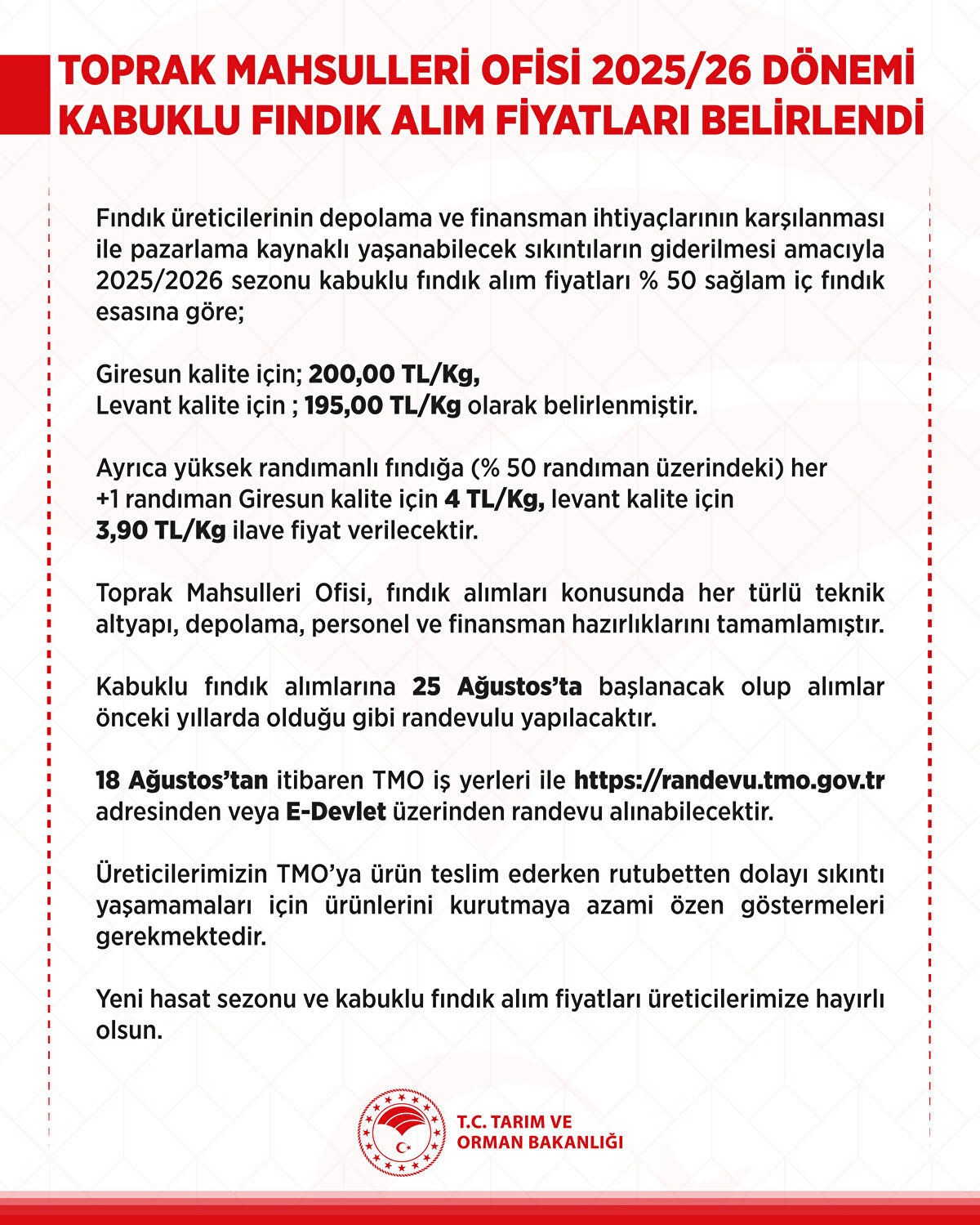 TMO 2025 fındık fiyatları