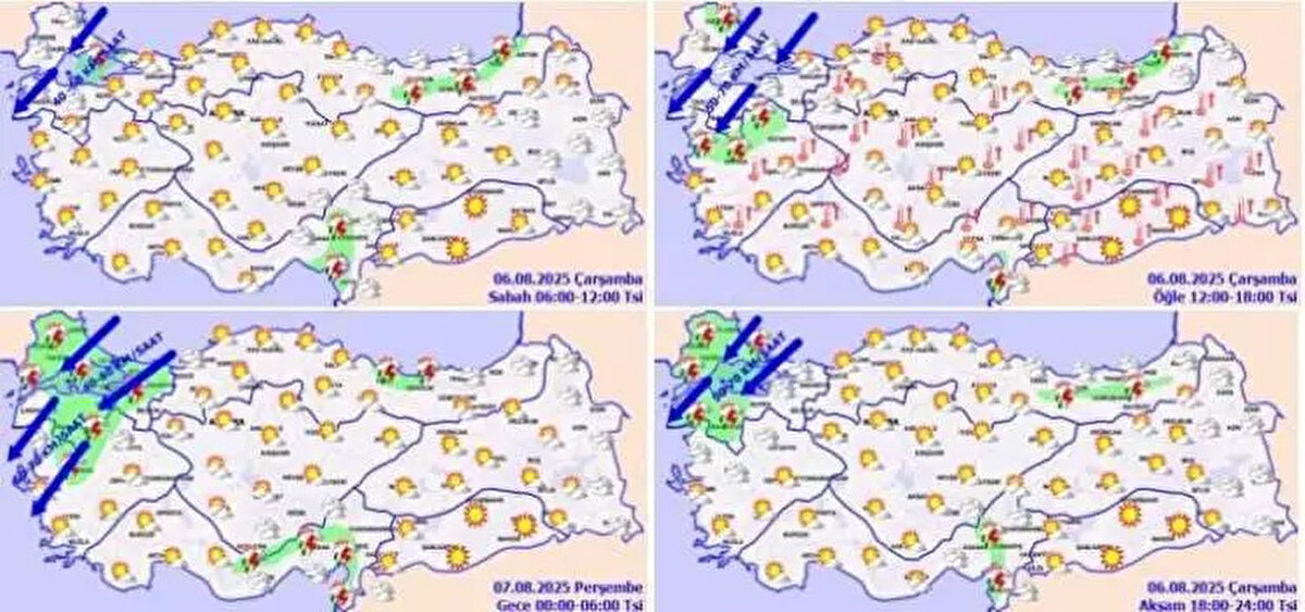 <br><br>METEOROLOJİK GÖRÜNÜM<br><br> <br><br>Meteoroloji Genel Müdürlüğü tarafından yapılan tahminlere göre: Ülkemizin kuzey kesimlerinin parçalı, yer yer çok bulutlu, (Bilecik ve Çanakkale hariç) Marmara, Ege'nin iç kesimlerinin kuzey ve güneydoğusu, (Samsun hariç) Orta ve Doğu Karadeniz kıyıları ile Gümüşhane çevreleri ve Doğu Anadolu'nun kuzeydoğusu ile Van'ın doğusu ve İskenderun Körfezi çevrelerinin yerel sağanak ve gök gürültülü sağanak yağışlı, diğer yerlerin az bulutlu ve açık geçeceği tahmin ediliyor. Bu akşam ve gece saatlerinde beklenen yağışların İstanbul ve Balıkesir çevrelerinde yerel kuvvetli olması bekleniyor.<br> <br><br>HAVA SICAKLIĞI: Yurt genelinde hava sıcaklıklarının mevsim normalleri üzerinde seyretmesi bekleniyor.<br>