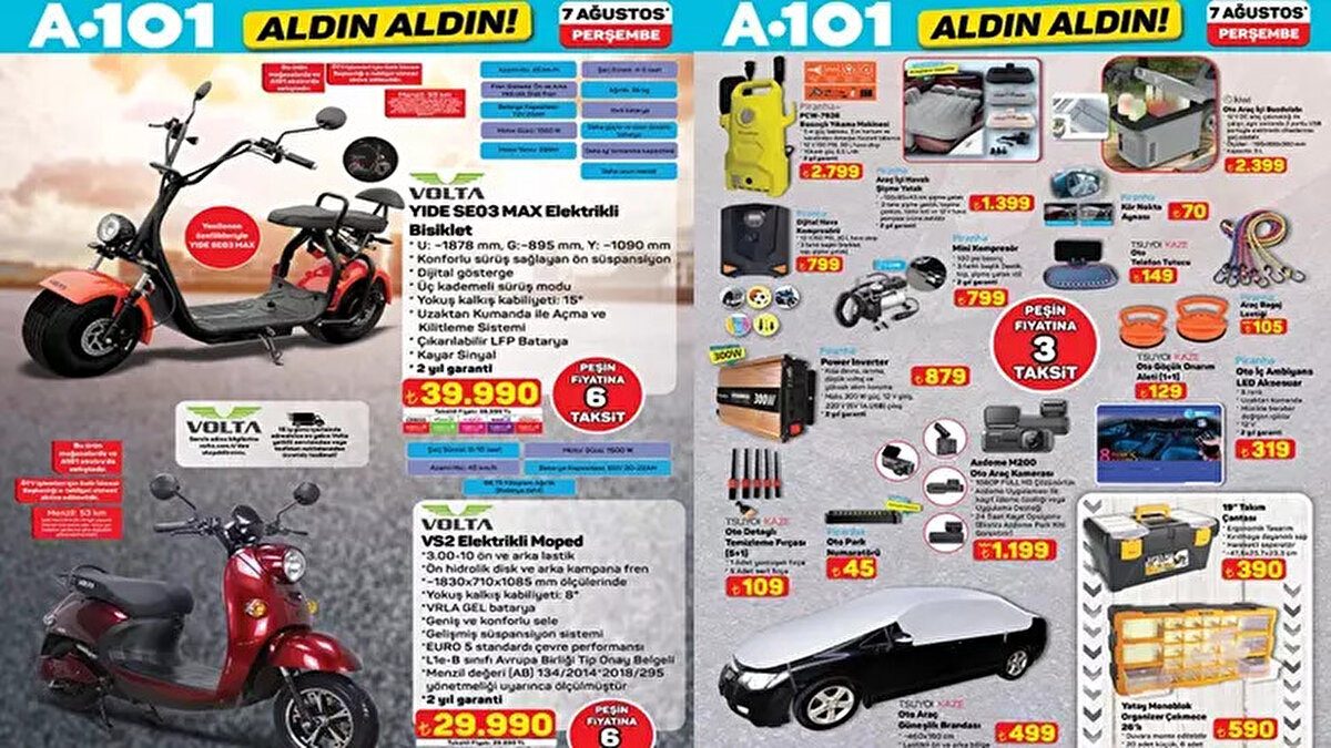 A101 aktüel ürünler kataloğu 7 Ağustos 2025 Perşembe günü itibarıyla geçerli indirimli ürün listesini paylaştı. A101 Aldın Aldın broşürü bu hafta da teknoloji ürünlerinden ev eşyalarına, mutfak araç gereçlerinden yazlık ihtiyaçlara kadar birçok farklı kategoride fırsatlar sunuyor. Bu haftaki katalogda öne çıkan ürünler arasında 3.499 TL fiyatla satışa sunulan buharlı temizleyici, 39.990 TL’ye elektrikli moped, 19.990 TL’ye katlanabilir elektrikli bisiklet ve 1.499 TL’lik vantilatör dikkat çekiyor. Ayrıca plaj şemsiyesi, oto güneşlik brandası, laptop sehpası, telefon tutucu, taşıma arabası, katlanır masa, yuvarlak halı ve kavanoz gibi günlük ihtiyaçlara hitap eden onlarca ürün raflarda yerini alıyor. A101 Aldın Aldın afişi ile bu hafta neler var, hangi ürün kaç TL? İşte 7 Ağustos A101 aktüel kataloğunun tüm detayları…