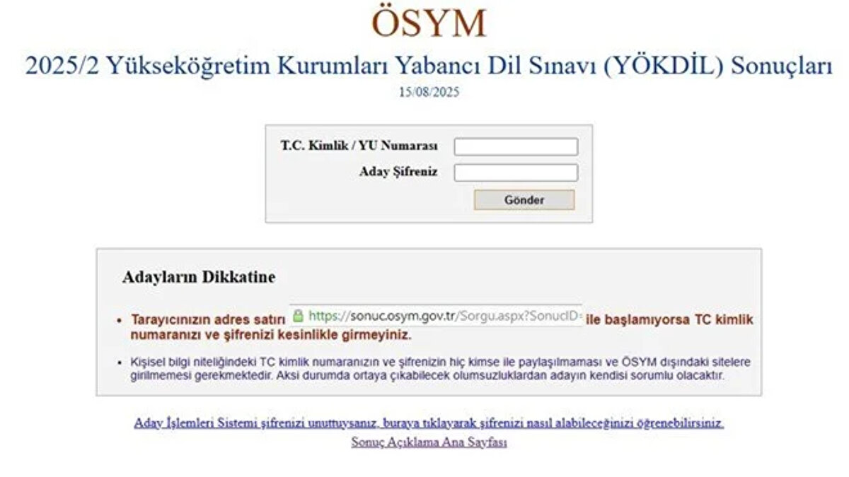 YÖKDİL/2 SONUÇLARI 2025 AÇIKLANDI!<br><br>ÖSYM takvimine göre YÖKDİL/2 sınavı 15 Ağustos 2025 Cuma günü erişime açıldı. Adaylar, sonuçlarını sonuc.osym.gov.tr adresinden T.C. kimlik numarası ve aday şifresi ile sorgulayabilecek. Sınav sonuçları lisansüstü eğitim ile yabancı dil hazırlık muafiyetinde sınavın gerçekleştirildiği tarihten itibaren 5 yıl, öğretim elemanı kadroları ve doçentlik başvurularında ise sürekli geçerli olacak.