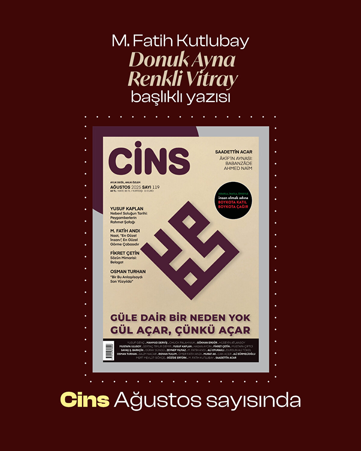 M. Fatih Kutlubay'ın Donuk Ayna Renkli Vitray başlıklı yazısı Cins Ağustos sayısında