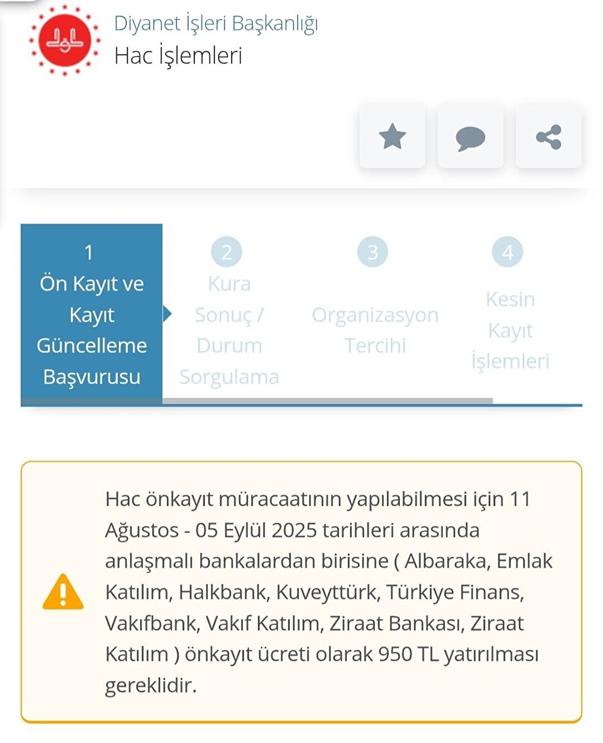 Bunun için e-Devlet üzerinden Hac İşlemleri > Ön kayıt ve kayıt güncelleme başvurusu kısmından hacı adaylarının yeniden kayır oluşturması gerekiyor<br>