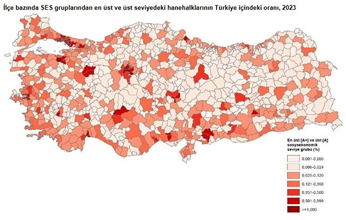 İstanbul liderliği elinde tutuyor<br><br>İllere göre dağılımda en üst ve üst seviye grubunda yer alan hanehalklarının yüzde 28,6’sı İstanbul’da yaşıyor. İstanbul’u yüzde 11,5 ile Ankara, yüzde 6,7 ile İzmir, yüzde 3,9 ile Bursa ve yüzde 3,3 ile Antalya takip etti.<br><br>İstanbul’daki hanehalklarının yüzde 2,4’ü en üst seviyede, yüzde 16,4’ü üst seviyede yer aldı. En az zenginin bulunduğu ilçe ise Sultangazi oldu.