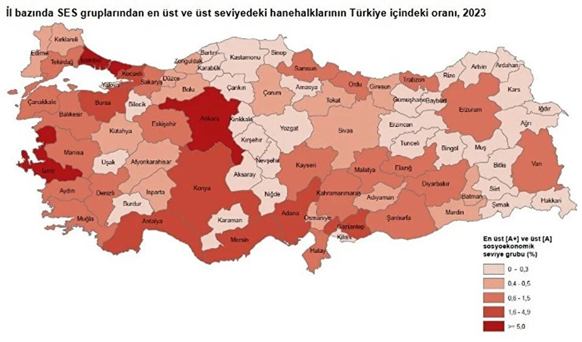 Türkiye genelinde hanehalklarının yalnızca yüzde 1,1’i sosyoekonomik seviye gruplarında en üst seviyede yer aldı. Çalışmaya göre, Türkiye’de hanehalklarının yüzde 11’i üst seviyede, yüzde 16,4’ü üst altı seviyede, yüzde 19,7’si üst orta seviyede, yüzde 16,5’i alt orta seviyede, yüzde 18,6’sı alt seviyede, yüzde 16,7’si ise en alt seviyede bulunuyor.