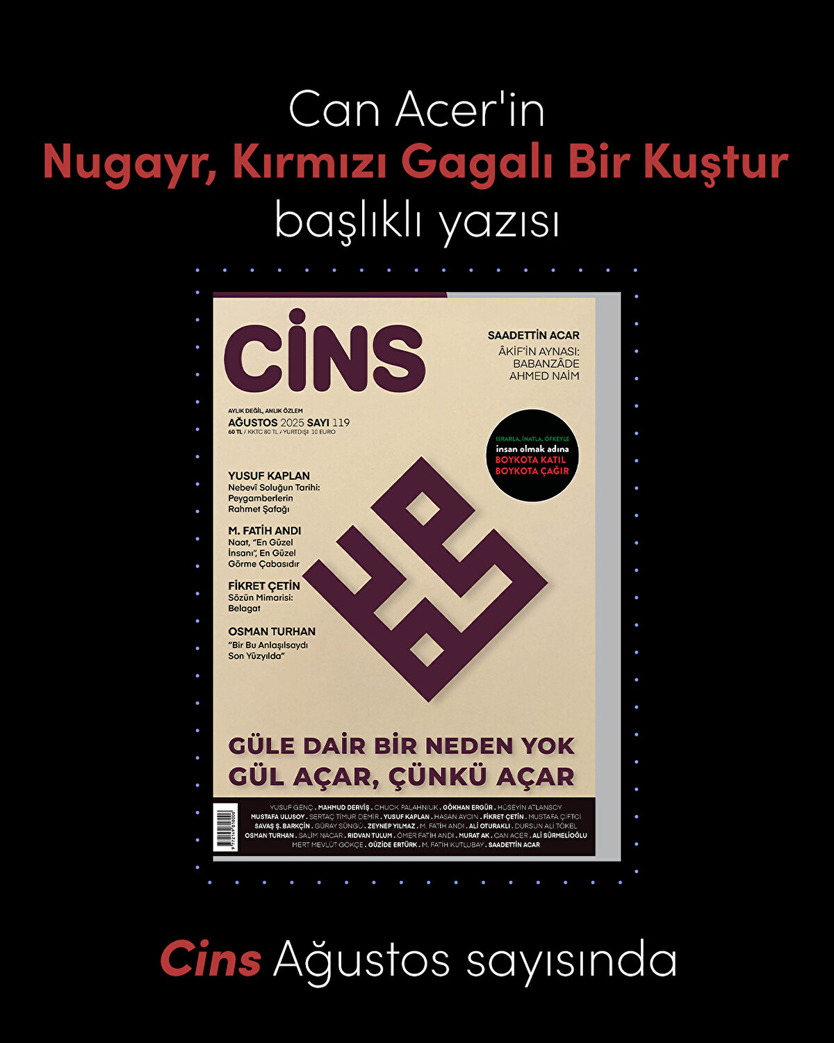 Can Acer'in Nugayr, Kırmızı Gagalı Bir Kuştur başlıklı yazısı Cins Ağustos sayısında