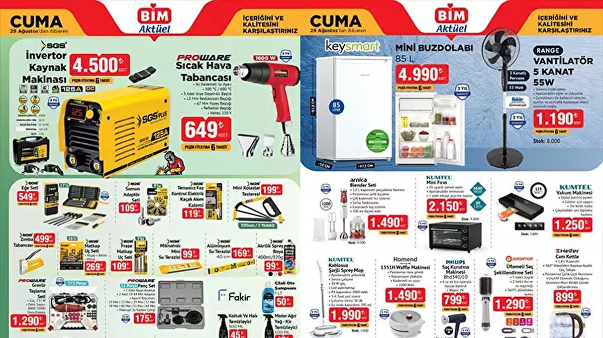 BİM, 26-29 Ağustos 2025 aktüel kataloğunu yayınladı. Bu hafta Salı ve Cuma günlerine özel indirimlerle raflarda yer alacak ürünler, ev ve ofis ihtiyaçlarını karşılamaya yönelik geniş bir yelpaze sunuyor. Kaynak Makinesi, Sıcak Hava Tabancası, Mini Buzdolabı, Vantilatör, Blender Seti, Waffle Makinesi ve Samsung Galaxy S21 FE Cep Telefonu gibi dikkat çeken ürünler bu katalogda öne çıkıyor. Ayrıca akıllı saatler, çocuk valizleri, vakum makineleri ve mutfak gereçleri de BİM’de indirimli fiyatlarla satışa sunulacak.