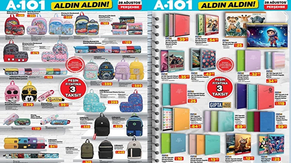 A101 28 Ağustos 2025 Aldın Aldın aktüel kataloğu ile bu hafta da alışveriş severleri sevindirmeye devam ediyor. Özellikle okulların açılmasına sayılı günler kala A101 okul malzemeleri ve kırtasiye ürünleri öğrenciler ve veliler tarafından yoğun ilgi görüyor. A101 broşüründe bu hafta; Disney ilkokul çantaları, anaokulu çantaları, 12’li kuru boya ve jel pastel kalem setleri gibi kırtasiye ürünleri öne çıkıyor. Buna ek olarak A101, otomatik çaycılı dijital su sebili, halı yıkama makinesi, şarjlı masaj aleti ve elektrikli araç gibi aktüel ürünleri de indirimli fiyatlarla satışa sunuyor. Çalışma koltuğu, raflı çalışma masası, dikey takı organizeri, çift kişilik lastikli penye çarşaf ve 2’li yastık kılıfı gibi ev ve yaşam ürünleri de A101 Aldın Aldın broşüründe yer alıyor. A101 okul malzemeleri ve indirimli ürünler broşürü sayesinde hem öğrenciler hem de ev ihtiyaçları için ekonomik alışveriş fırsatları sunuluyor. 28 Ağustos 2025 A101 aktüel kataloğu ile kaçırılmayacak indirimleri ve güncel fiyatları şimdi keşfedin.